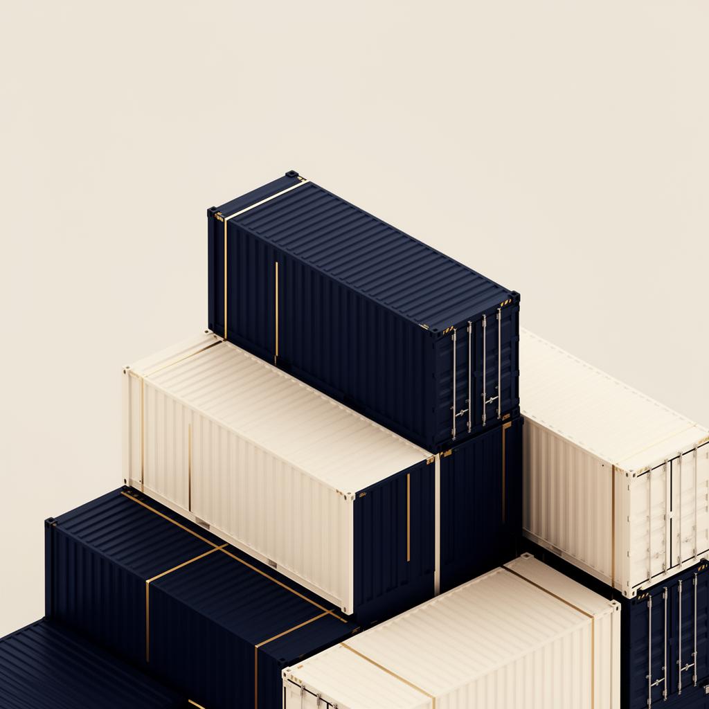 Stacked navy and cream shipping containers with gold accents